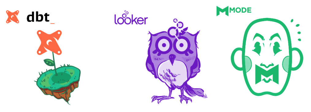 illustrations of dbt, looker, mode logos